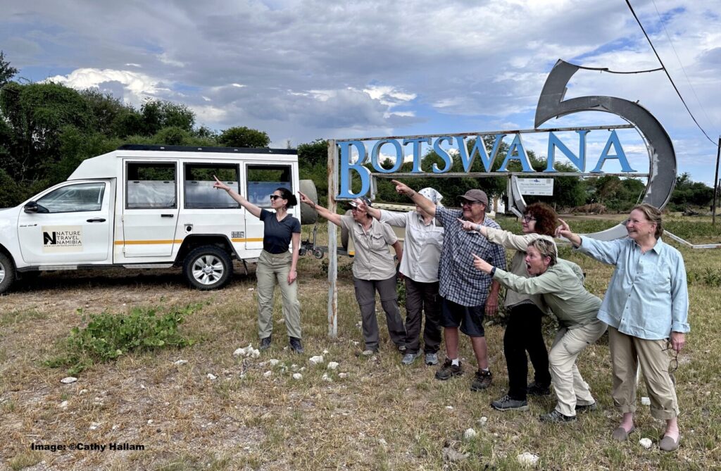 Entering Botswana! Paloma, Kris, Noreen, Larry, Cathy and Tina. Image: Thanks to Cathy Hallam
