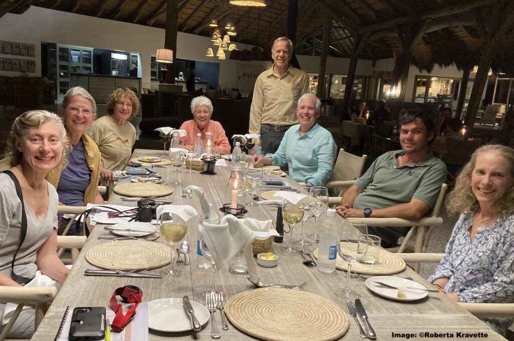Dinner at Mushara Lodge, Namibia, Roberta, Connie, Penny, Jane, Hugh (Standing) John, Marc and Kathy: Image thanks to Roberta Kravette